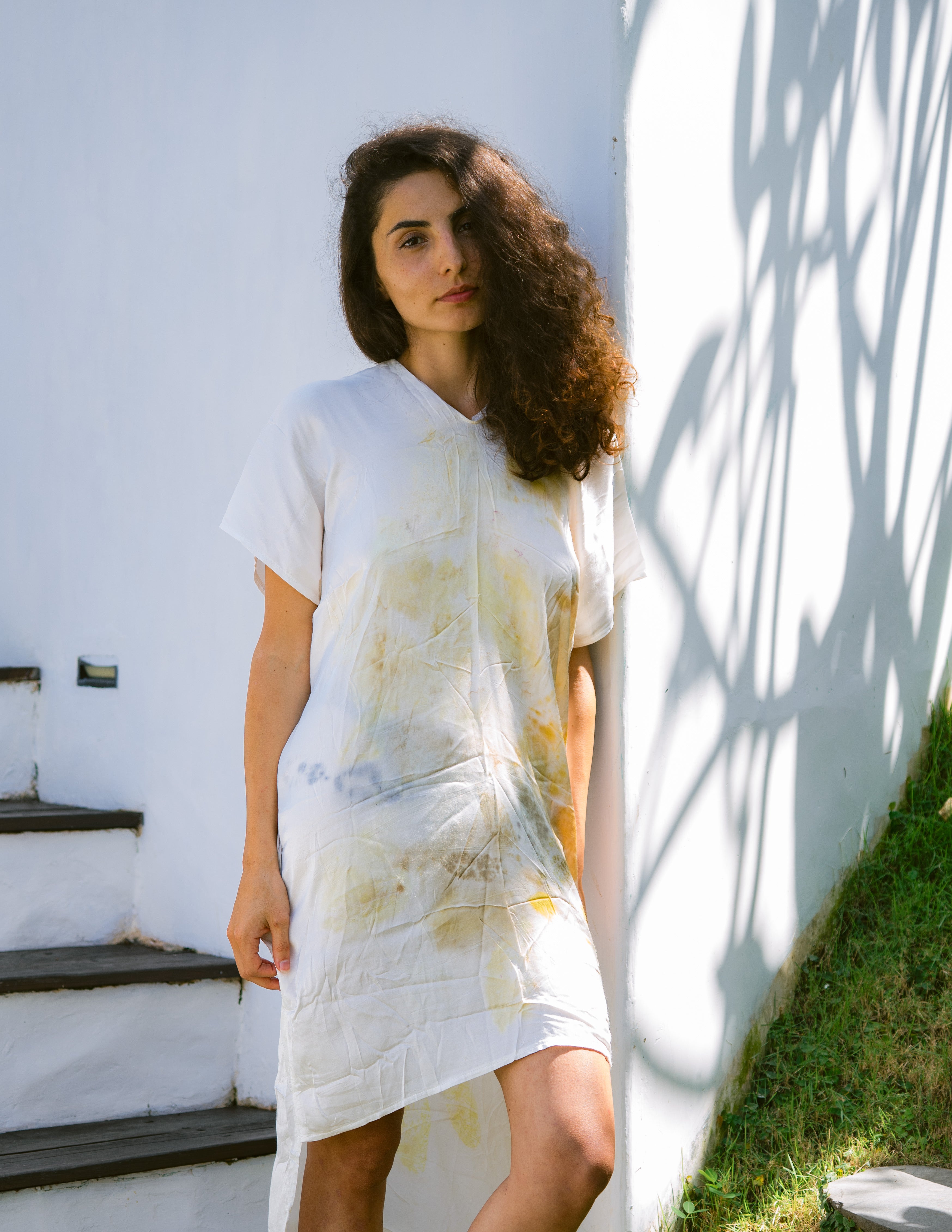 The Parvati – White, Yellow, Blue & Brown Cotton Silk Eco Print Dress